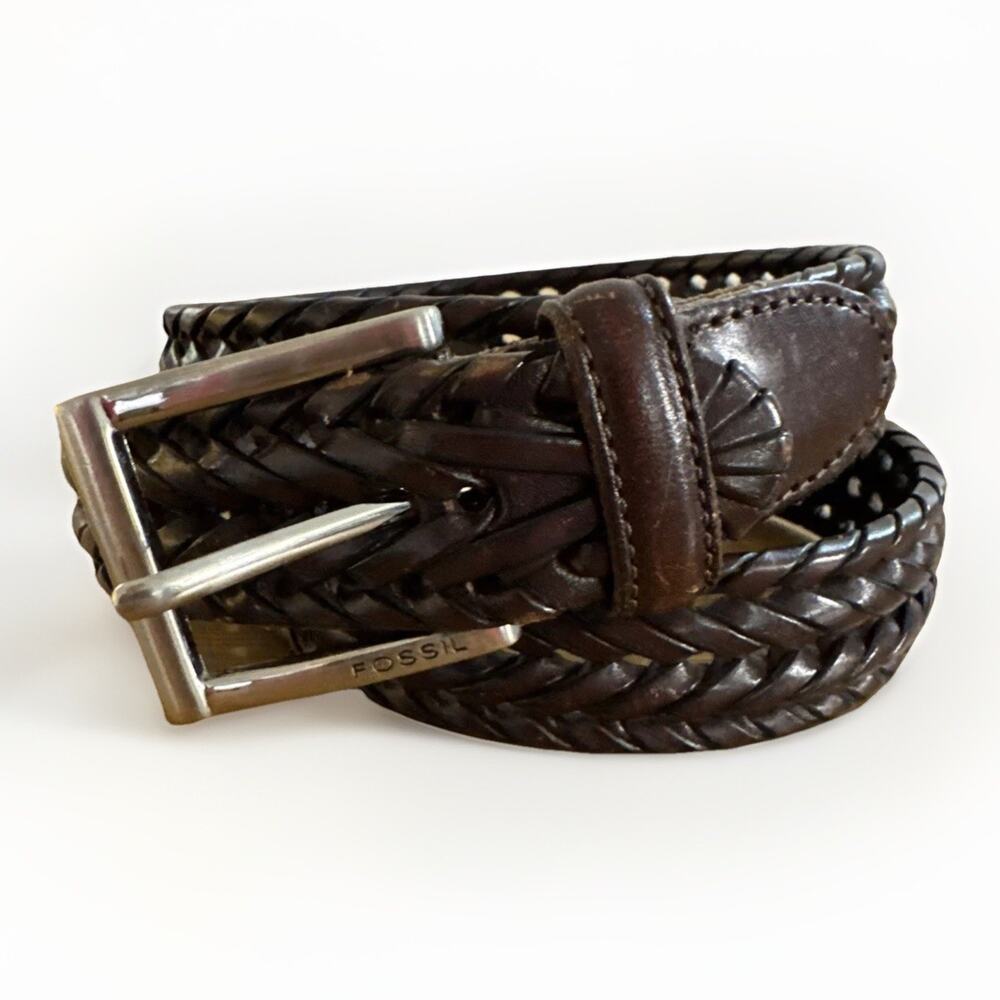 Fossil Womens Brown Braided Leather Belt Size 38 Woven Western Boho Adjustable
